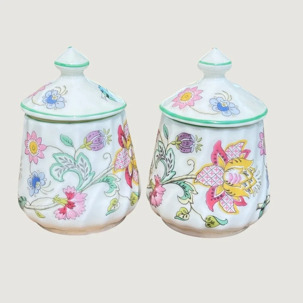 Minton Haddon Hall Bone China Condiment Jars Pots Jam Mustard Set 2 Made England